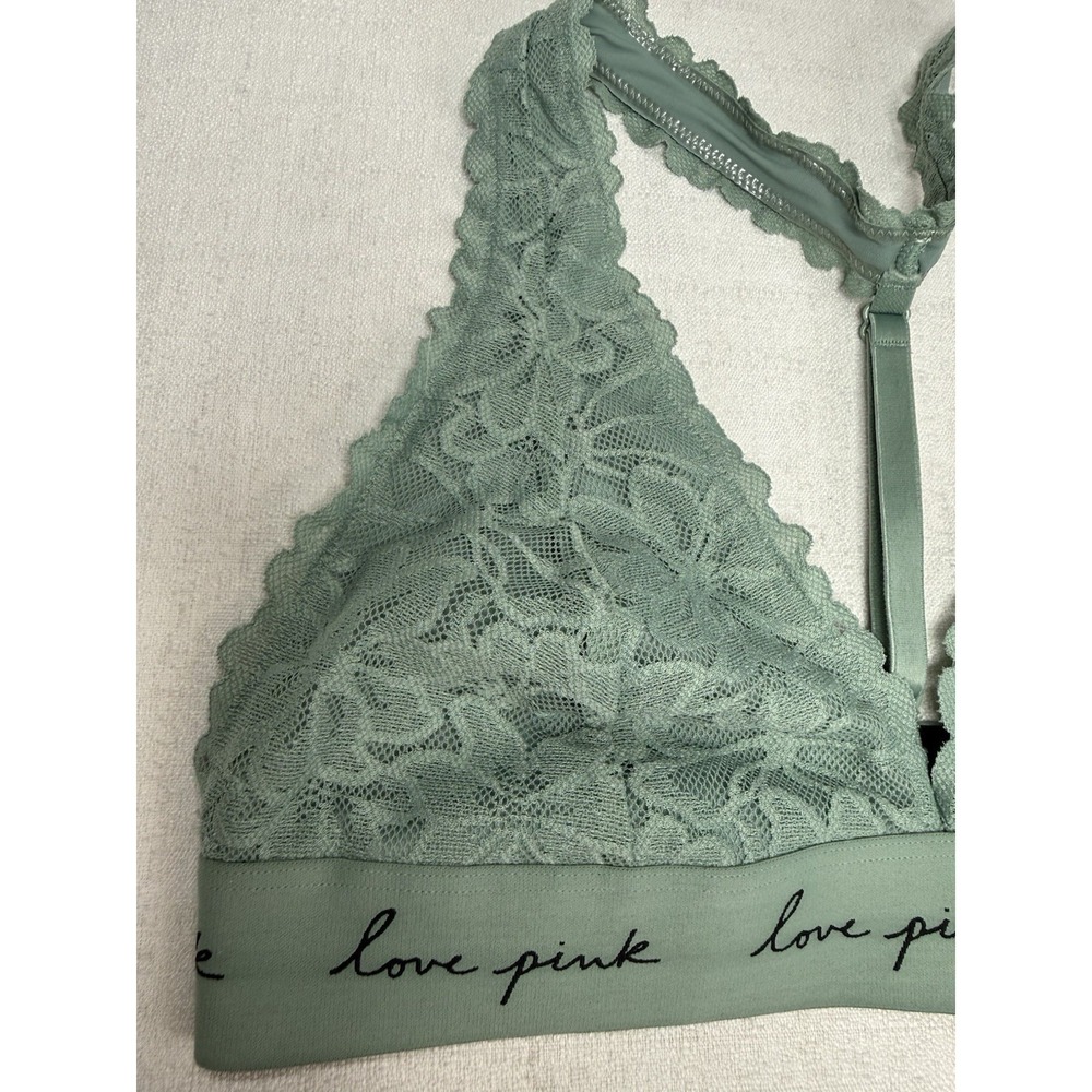 Victoria's Secret PINK Bralette Green Lace Love Pink  Size Medium - Picture 3 of 7